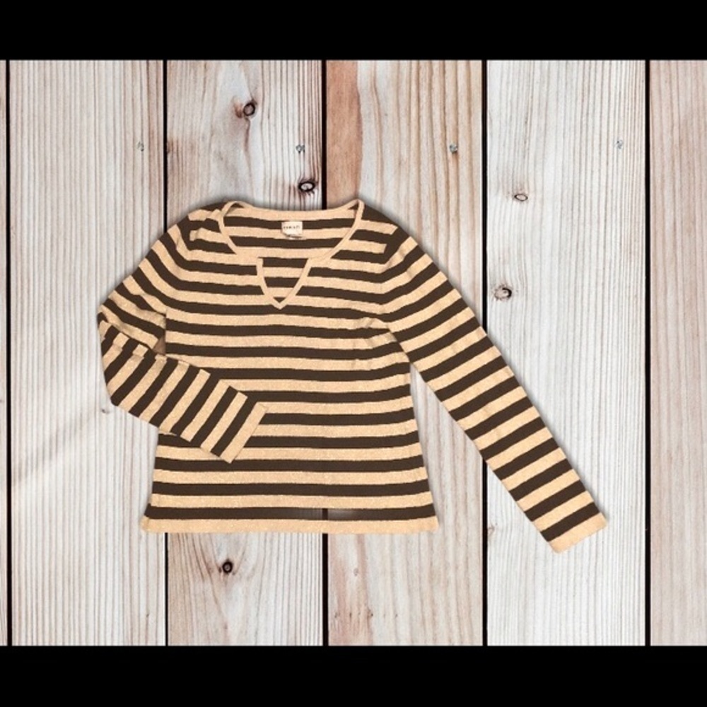 Chico’s SILK Blend Navy Gold Sparkle Striped Sweater 1/M Nautical Summer Office